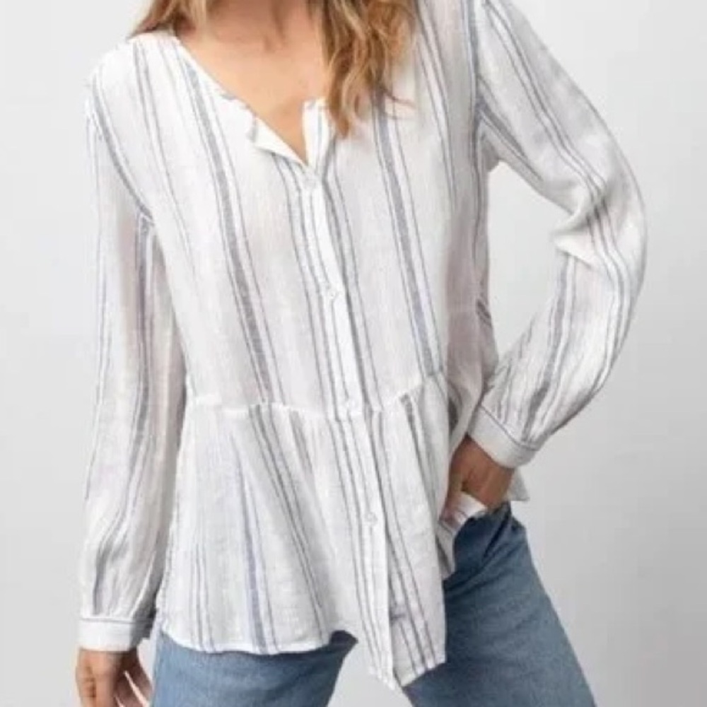 Woman's Rails Small Celeste Chalet Stripe Linen Button Blouse White Multi